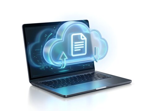 Modern laptop displaying futuristic cloud storage with glowing document icon and data transfer