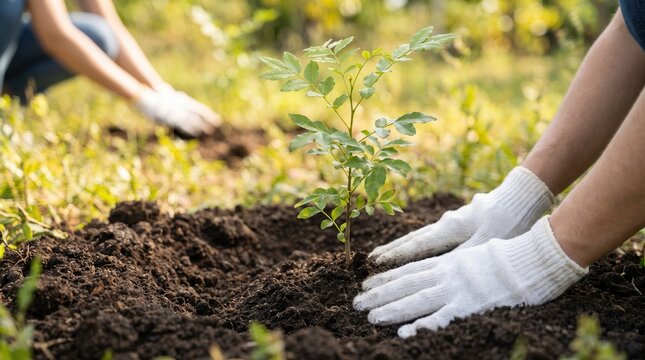 Gloved hands carefully plant young sapling into dark fertile soil outdoors. Volunteers participate in reforestation activity during sunny day, fostering ecological restoration and conservation.