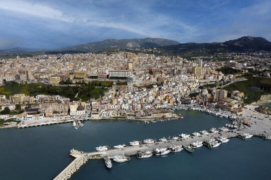 Aerial view, front harbor, fishing port, fishing boats, ships, back Sciacca, picturesque, port town, thermal spa, Agrigento Free Community Consortium, Sicily region, Italy, Mediterranean