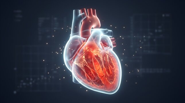 A detailed CGI illustration of a human heart with vibrant red and orange hues, veins, and arteries, set against a dark, abstract background with faint grid-like patterns.