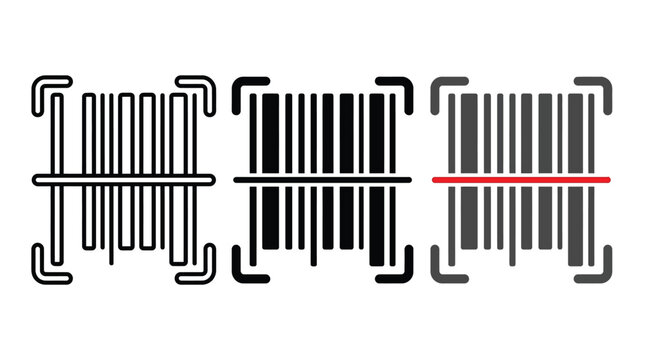 Set of barcode scanner icons in outline, solid, and colored styles for inventory management, retail, and digital tracking applications