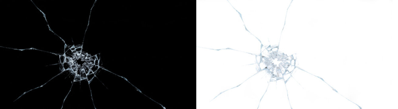 Cracked Glass Texture Overlay Effect, Shattered Glass Impact Crack Pattern, Broken Glass Window Structure on Black and White Background