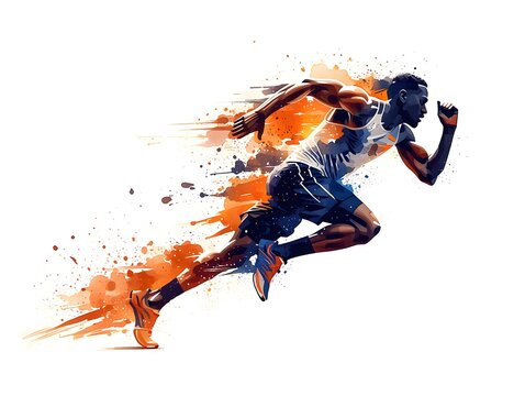 白いランニングシャツで風を切って疾走するスプリンターの絵の具の軌跡が流れる水彩アート