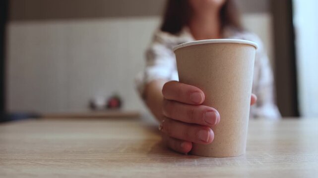 Woman slowly pulls paper coffee cup toward herself at cafe table. Gentle hand movement captures quiet morning coffee routine.