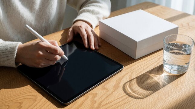 Close up of person using stylus on digital tablet at wooden desk. Creative designer works on graphic project with electronic device. White box, glass of water sit on table in bright minimal workspace