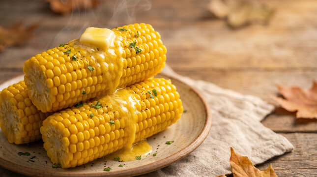 Cooked yellow maize cobs covered in glossy melted dairy spread and chopped parsley rest on earthy platter, surrounded by rustic table settings that evoke inviting harvest dinner atmosphere.