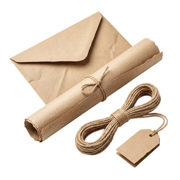 Craft paper envelope scroll letter and twine rope with gift tag isolated on transparent background PNG