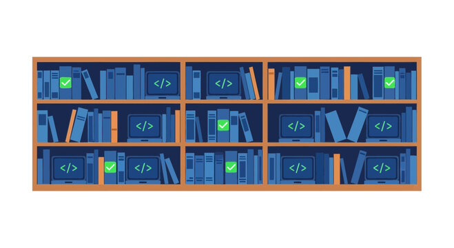 Modern Flat Illustration of Bookshelf with Programming Code Icons and Digital Library Concept