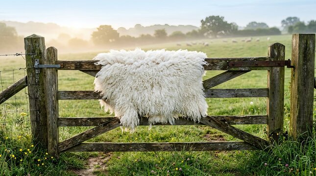 Fluffy white sheep fleece draped over a rustic wooden farm gate