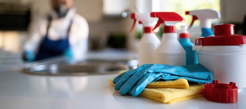 Pest control PPE and inspection tools arranged on clean kitchen counter