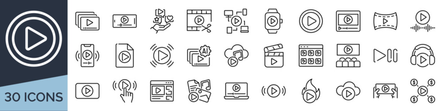 Set of 30 outline icons related to play. Linear icon collection. Editable stroke. Vector illustration