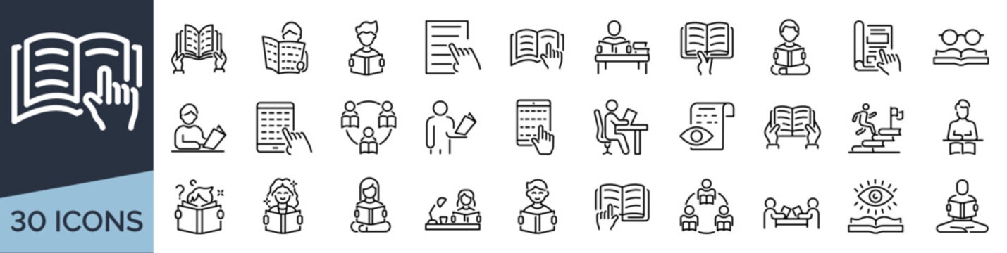 Set of 30 outline icons related to reading. Linear icon collection. Editable stroke. Vector illustration