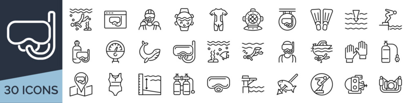 Set of 30 outline icons related to diving. Linear icon collection. Editable stroke. Vector illustration