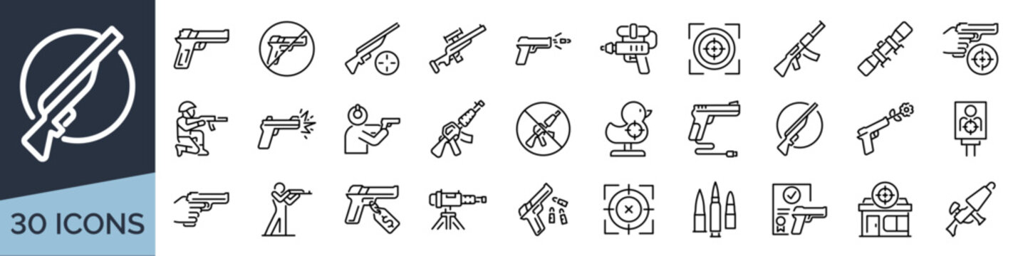 Set of 30 outline icons related to gun. Linear icon collection. Editable stroke. Vector illustration