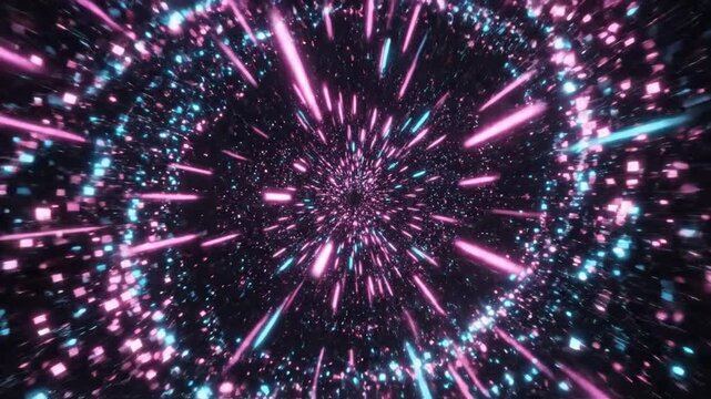 Fast hyperspace warp speed tunnel with glowing pink and cyan neon light particles streaming through digital space