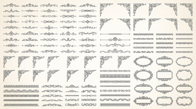 Vintage ornamental dividers and corner frames vector collection. Includes decorative flourishes, scrollwork borders, and baroque frames. Elegant retro graphics for certificate and invitation design.