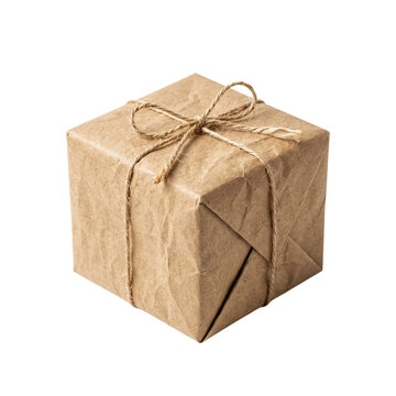 Small gift box wrapped in brown wrinkled craft paper with twine bow isolated on transparent background