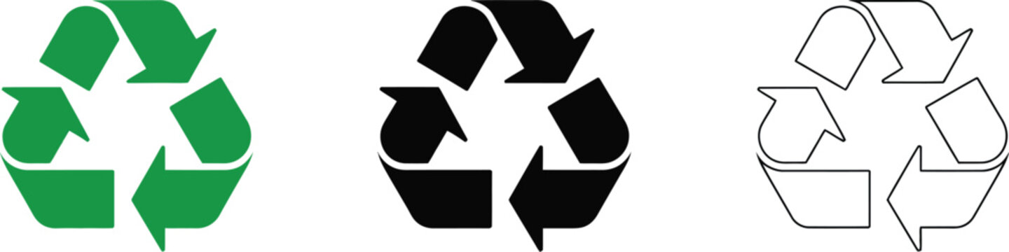 Recycle symbol set, recycling arrows eco conservation and sustainability symbols for waste reduction packaging labels environmental branding green products and sustainable business.