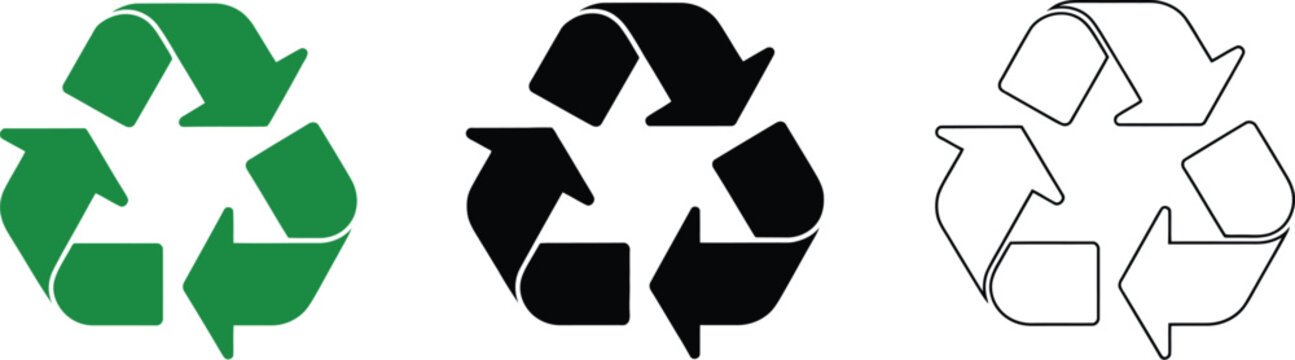 Recycle symbol set, recycling arrows environmental sustainability and eco conservation signs for waste reduction packaging branding green businesses and environmental campaigns.