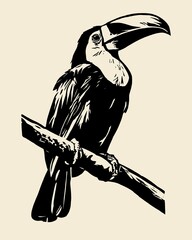 Fototapeta premium Toco toucan perched on a branch, linocut style illustration, black and cream