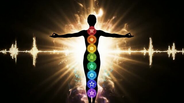 Glowing seven chakras human silhouette with sound wave equalizer for meditation, yoga, mindfulness, and spiritual healing background