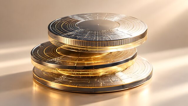 Stack of futuristic glowing gold and dark metal coins