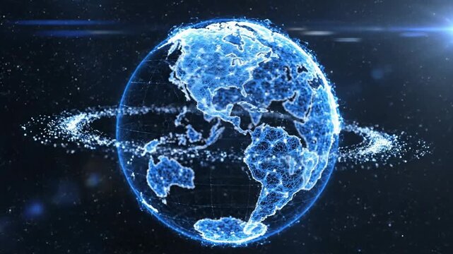 Rotating digital earth globe with glowing particle ring in space, high-tech global connection network concept