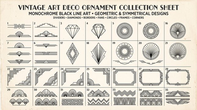 Vintage Art Deco ornament collection sheet. Monochrome black line art featuring geometric and symmetrical designs, dividers, borders, and frames. Classic vector graphics for vintage design.