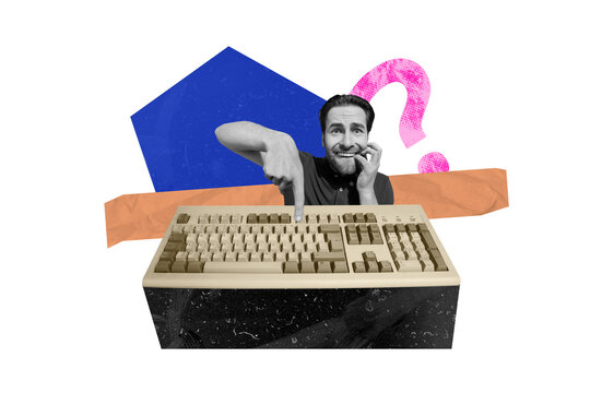 Composite art 3d creative image collage of panic man bite fingers push button keypad question mark dilemma hesitation unsure ponder