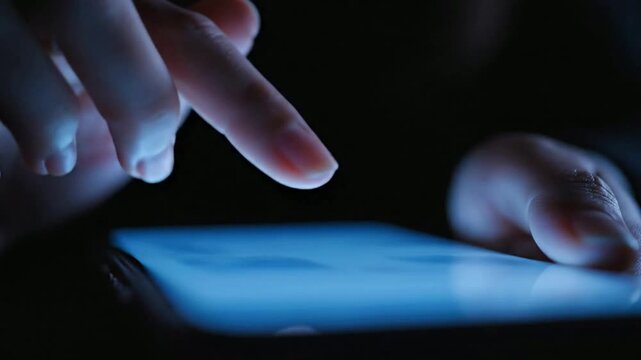 Close-up of person using smartphone at night, tapping and scrolling on touchscreen display in dark room