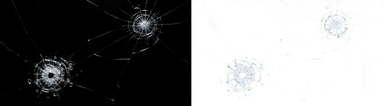 Cracked glass texture overlay with bullet hole impact cracks, shattered glass effect on black and white background, glass shatter overlay