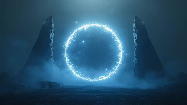 Glowing blue magical portal ring glowing brightly between two giant rocky cliffs in misty fantasy digital video footage
