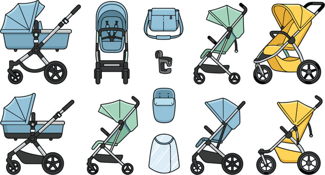 Baby stroller vector icon set featuring colorful prams pushchairs and travel gear accessories isolated on white background.