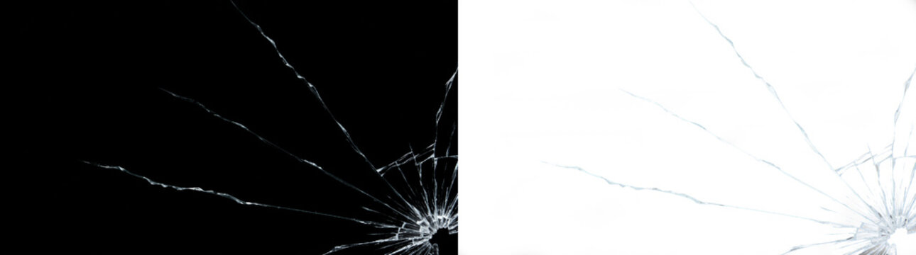Shattered glass crack texture overlay, realistic broken screen effect, black and white background split for graphic design projects