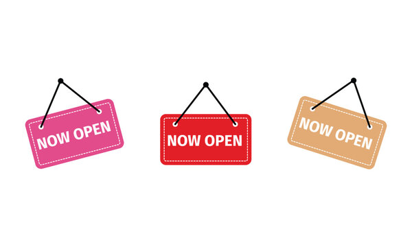 Set of hanging store signs with now open text