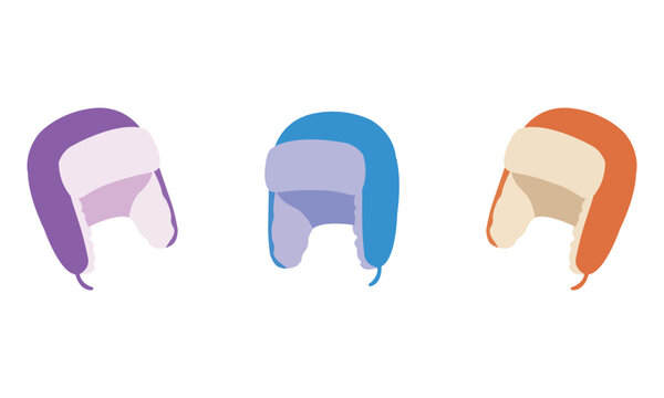 Set of three stylish winter trapper hats in purple, blue, and orange colors