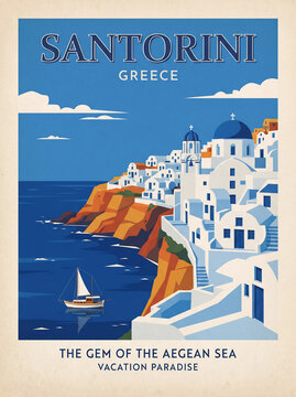 Vintage Santorini Travel Poster for Vacation Paradise Travel Illustration