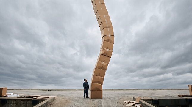 A precarious tower of cardboard boxes stacked high under a dramatic cloudy sky, with a lone person standing at the base. This image evokes feelings of risk, challenge.