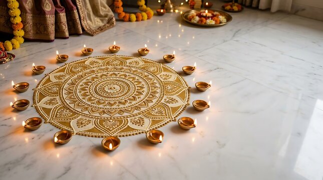 Traditional south indian rangoli design with deepams for a festive celebration