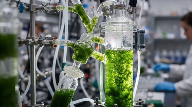 Algae cultivation in a laboratory setting, with visible glass flasks, tubes, and a researcher in the background. The bright green algae is growing in liquid medium.