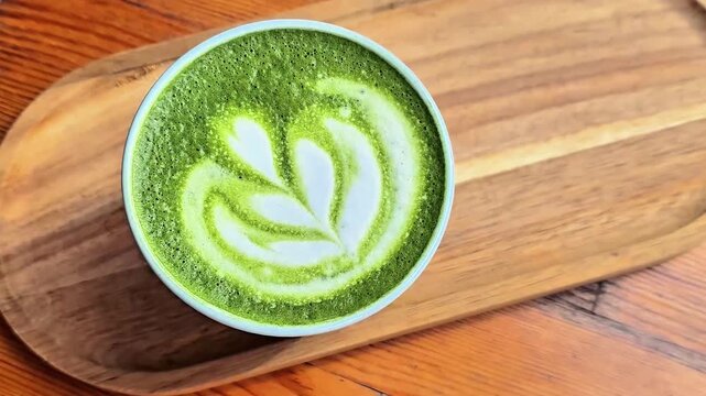 Close-up of a vibrant green matcha latte with white leaf-shaped latte art, held by a woman's hand on a wooden tray, showcasing the creamy beverage, artistic pattern and cozy cafe atmosphere