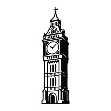 Black and white vector illustration of the famous big ben clock tower landmark of london city in england