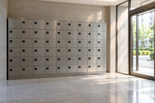 Modern parcel delivery lockers line a bright apartment building lobby