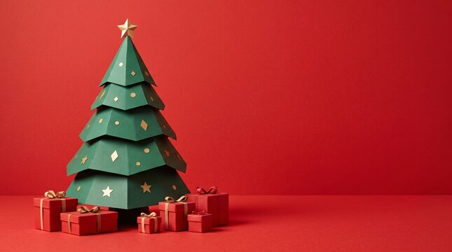 Minimalist Paper Christmas Tree with Gift Boxes on Red Background