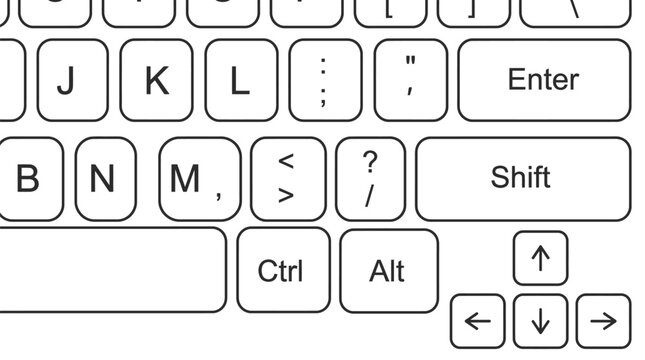 Computer keyboard close up featuring white keys with black letters and symbols for typing