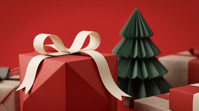 Red Christmas Gift Box with Paper Tree Decoration