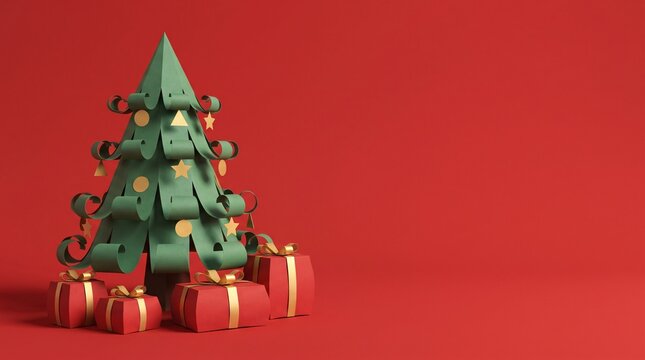 Minimalist Paper Christmas Tree and Gift Boxes on Red Background