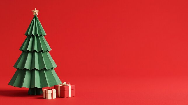 Origami Paper Christmas Tree with Gift Boxes on Red Background