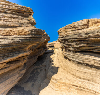 Las Grietas de Lanzarote: three fissures or natural passages of solidified lava located on the slopes of the Monta&ntilde;a Blanca volcano. Canary Islands, Spain.