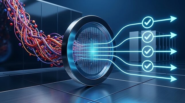 Abstract 3D illustration of big data processing and information optimization where chaotic digital cables pass through a metallic filter to become organized glowing arrows with checkmarks.